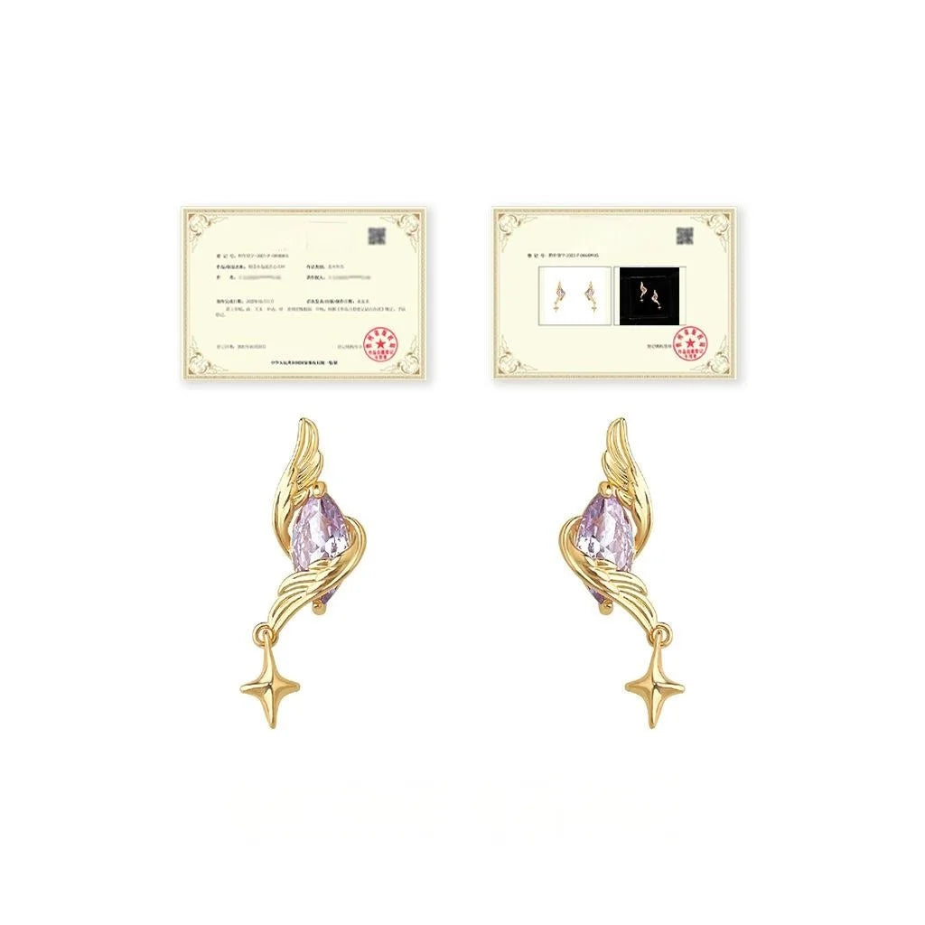 Light Luxury Purple Zircon Star Wing Stud Earrings Copper Silver Plated Geometric Jewelry
