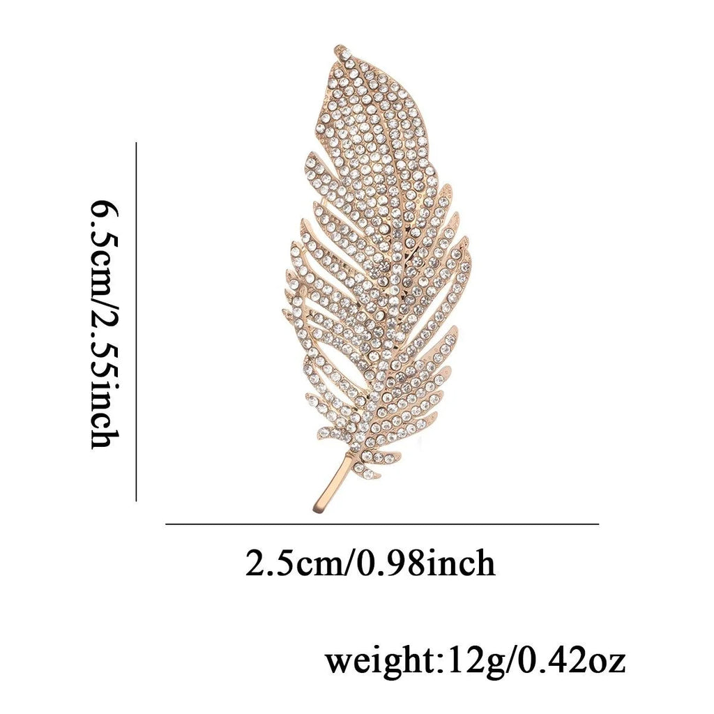 Elegant Full Rhinestone Feather Leaf Brooch Silver Alloy Lapel Pin Corsage For Women's Suit Accessory Gift