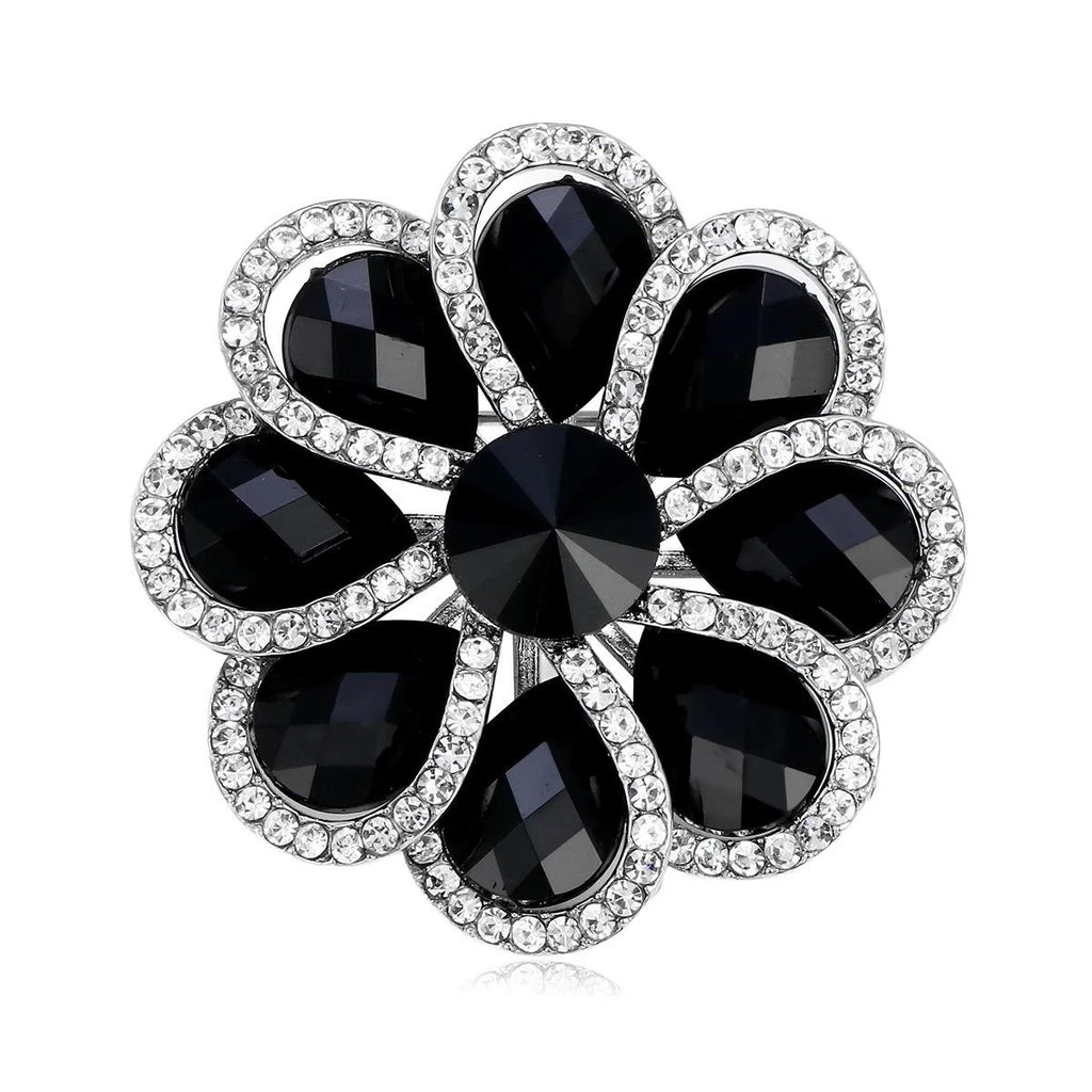 Elegant Black Crystal Flower Brooch With Rhinestone Trim, Alloy Lapel Pin Corsage For Women Gift