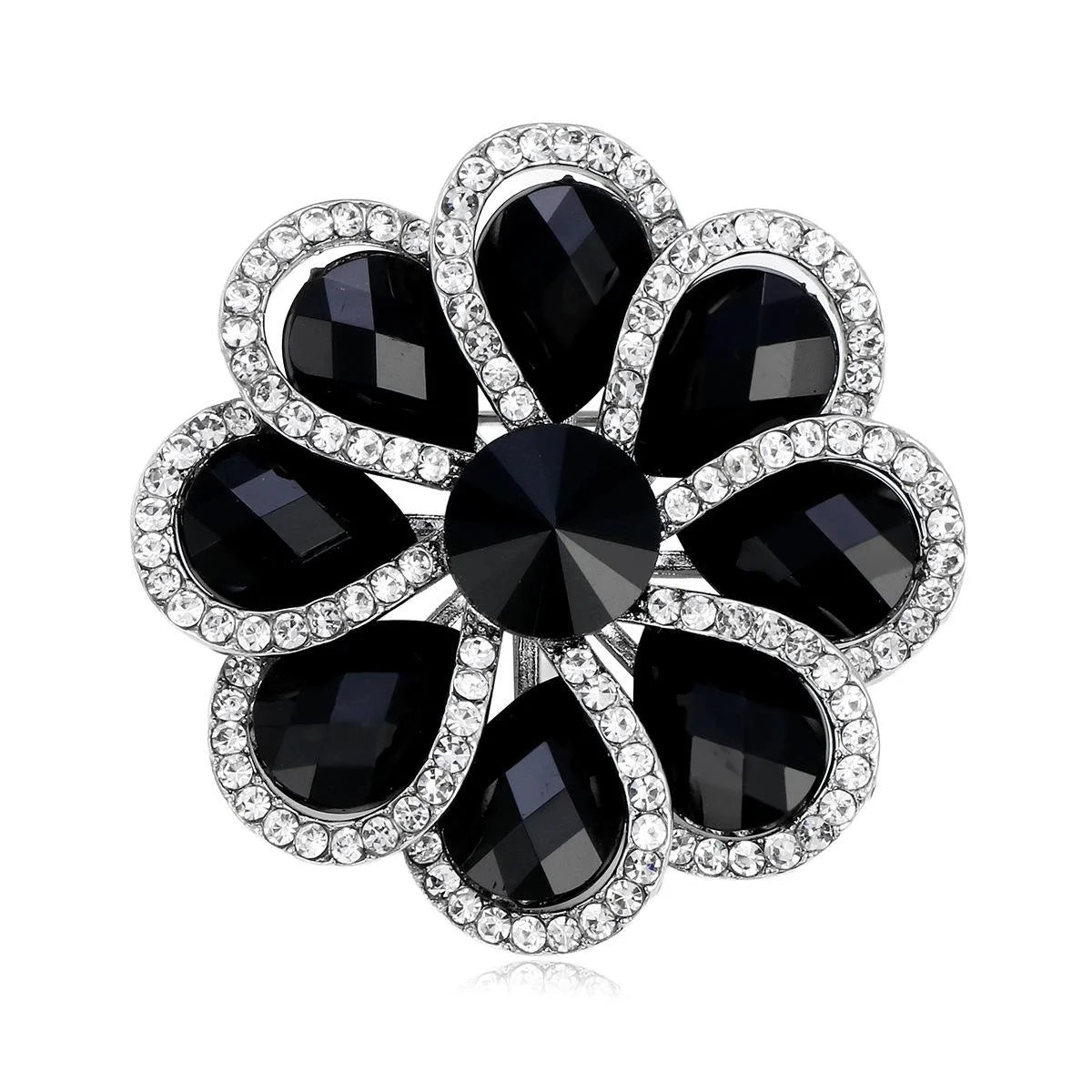 Elegant Black Crystal Flower Brooch With Rhinestone Trim, Alloy Lapel Pin Corsage For Women Gift