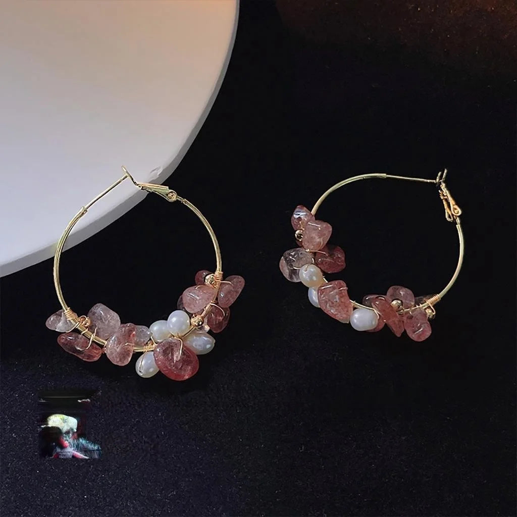 Sweet Handmade 14K Plated Copper Strawberry Quartz Freshwater Pearl Irregular Geometric Stud Earrings