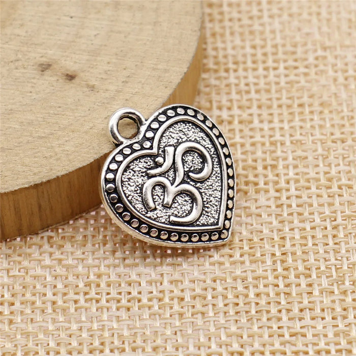 22x19mm 2.3g Antique Silver Zinc Alloy Heart OM Tag Charm Pendant for DIY Bracelet Necklace Making