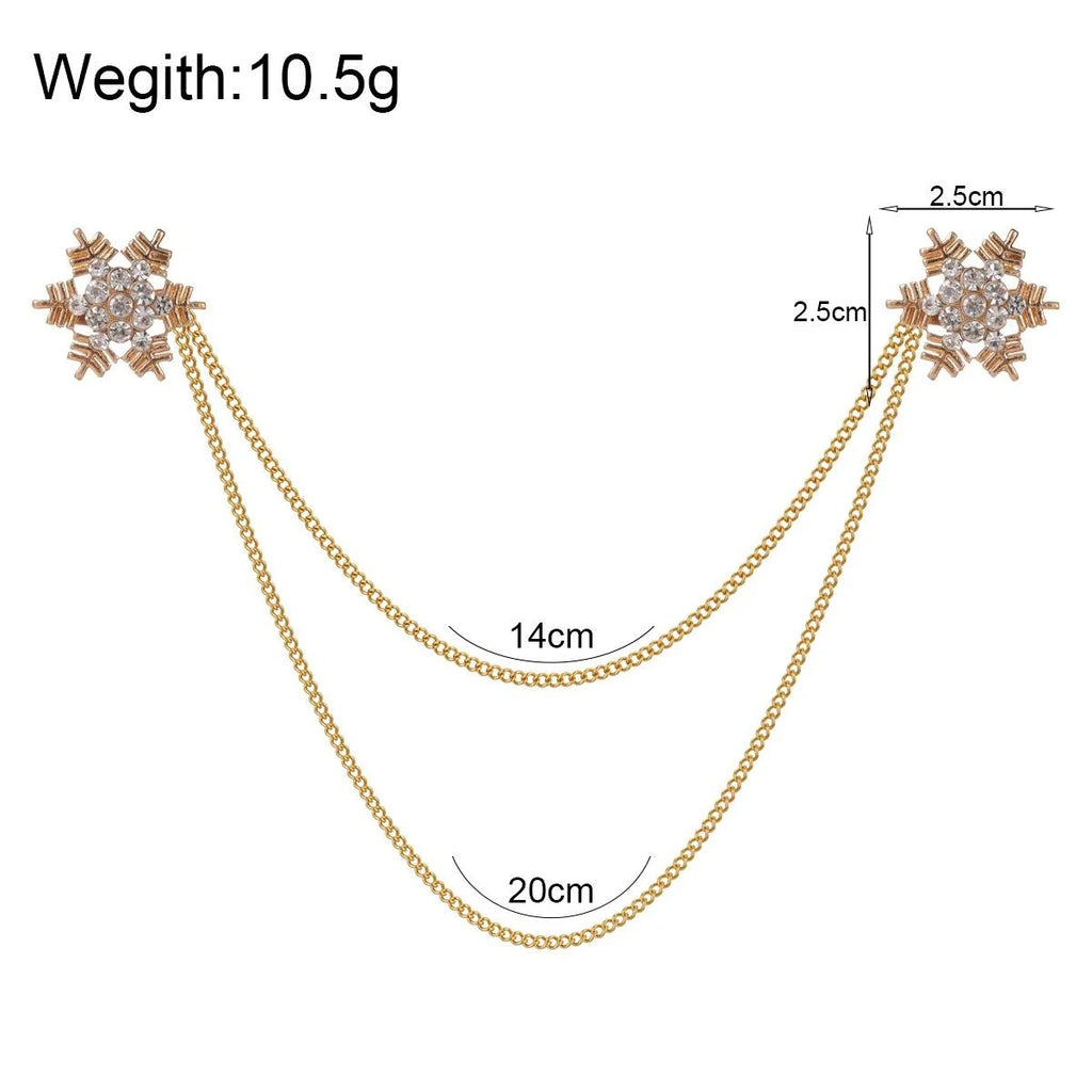 Elegant Rhinestone Snowflake Double Chain Collar Brooch Gold Tone Alloy Lapel Pin Suit Accessory Gift