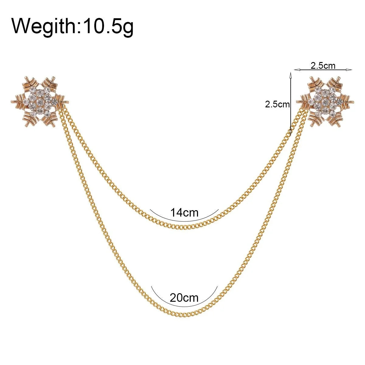 Elegant Rhinestone Snowflake Double Chain Collar Brooch Gold Tone Alloy Lapel Pin Suit Accessory Gift