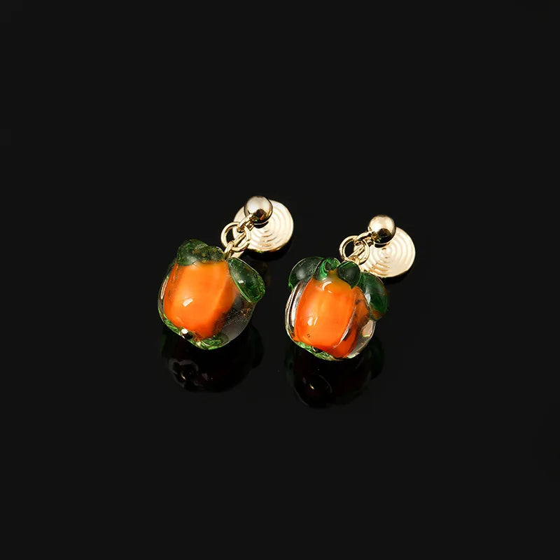 Elegant Orange Green Persimmon Fruit Enamel Alloy Stud & Clip On No Piercing Drop Dangle Earrings