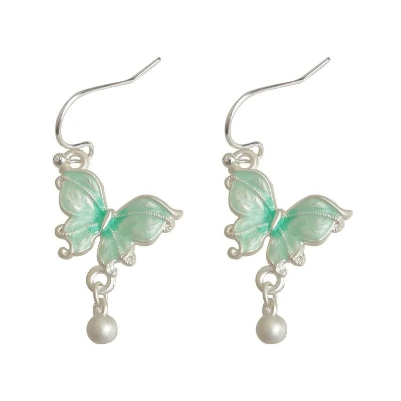 Sweet Forest Style Gradient Green Enamel Butterfly Copper Drop Earrings For Women