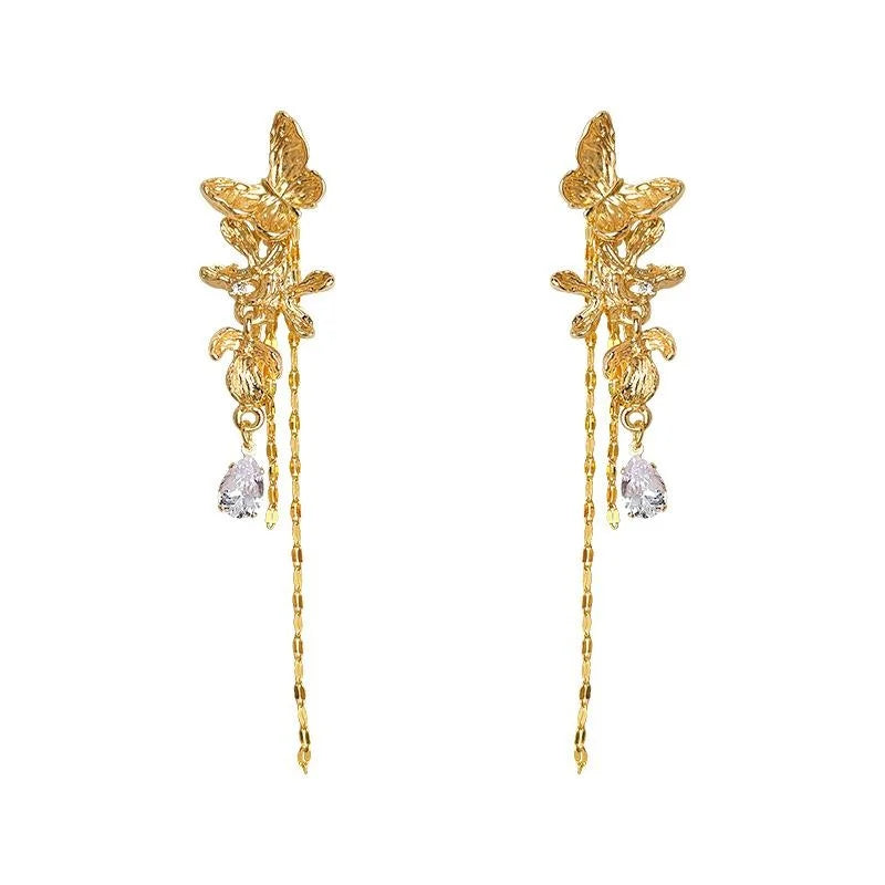 Luxury Copper Butterfly Tassel Drop Earrings Long Teardrop Convertible Statement Jewelry