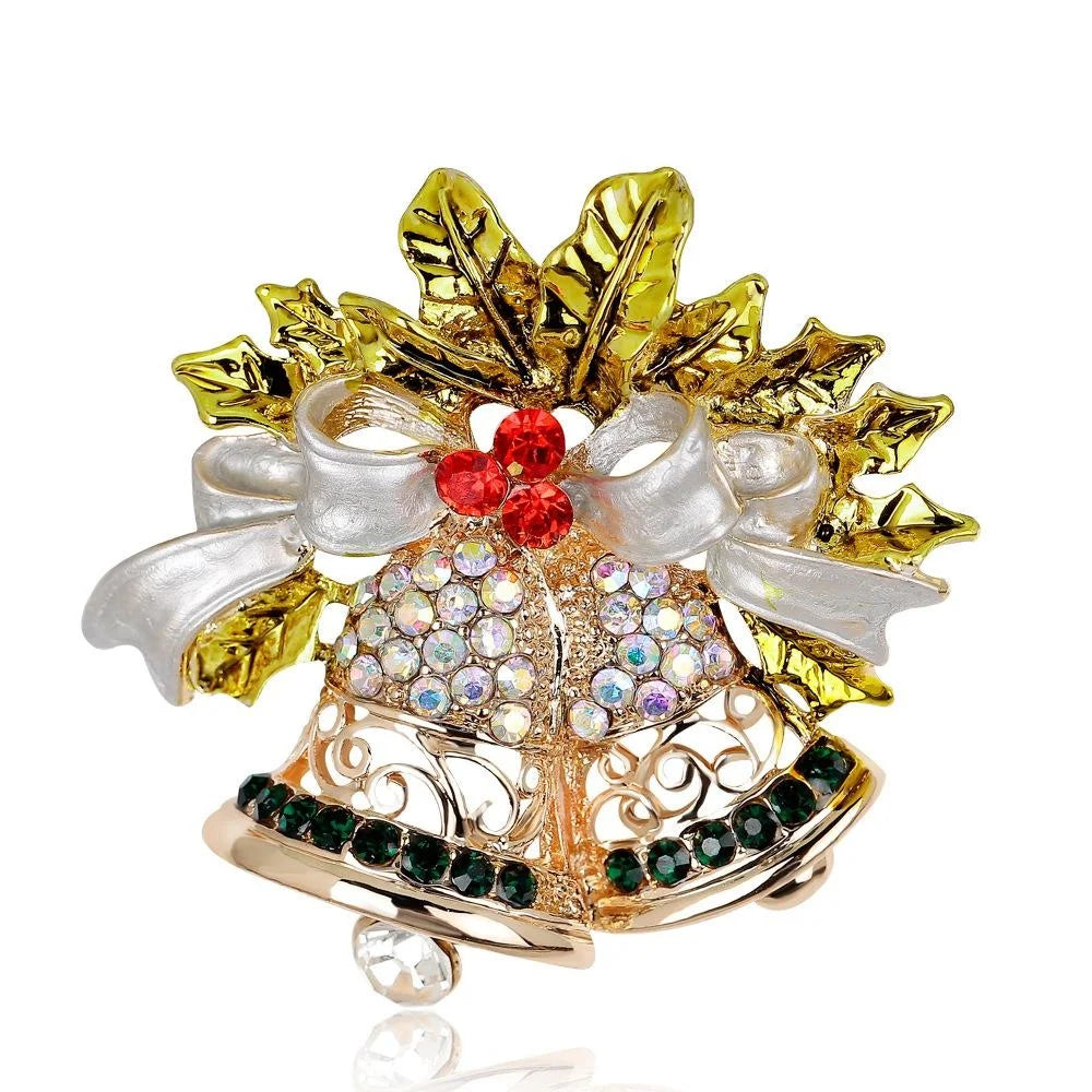 Luxury Christmas Bell Brooch With Pearl Bow, Rhinestone Holly Leaves, Elegant Lapel Pin Corsage Gift
