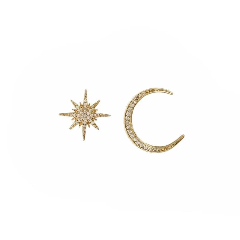 Asymmetric Star Moon Micro Pave Zircon Copper Stud Earrings For Women, Niche Geometric Fashion