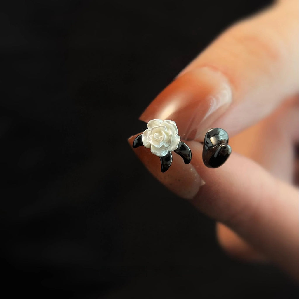 Designer Asymmetric Rose And Thorn Copper Resin Stud Earrings, Sweet Cool Floral Niche Jewelry