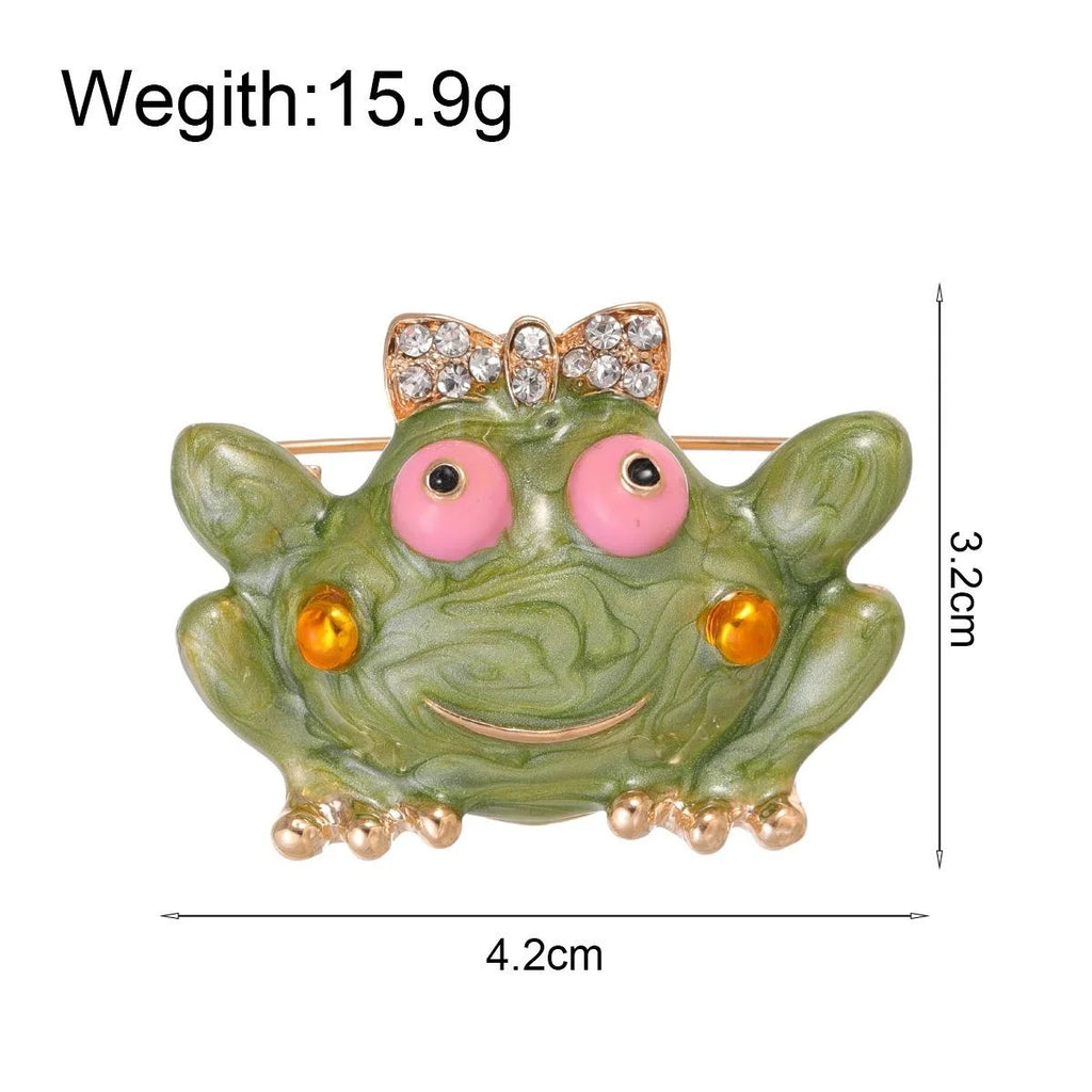 Cute Green Frog Brooch With Rhinestone Bow Enamel Alloy Lapel Pin For Suit Accessory Gift