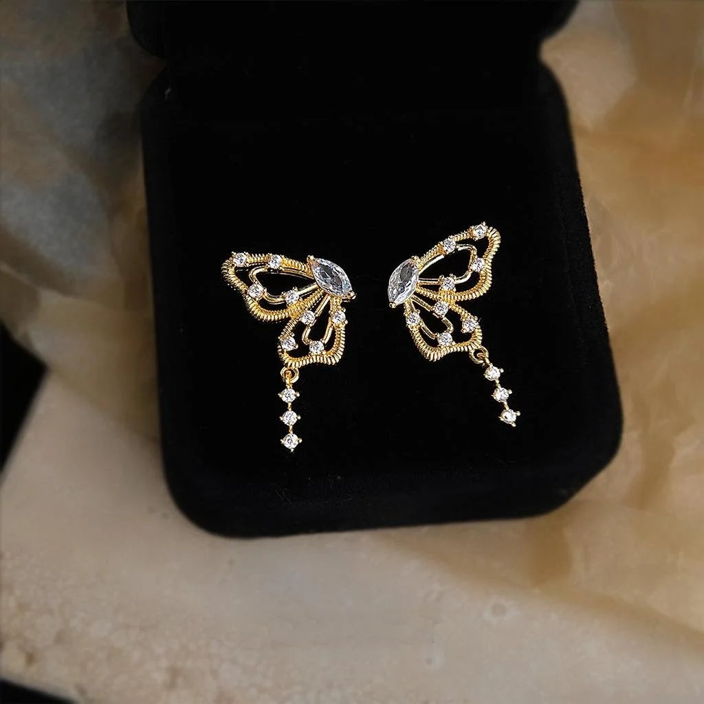 14K Gold Plated Butterfly Micro Pave Zircon Drop Earrings For Women, Elegant Fashion Jewelry
