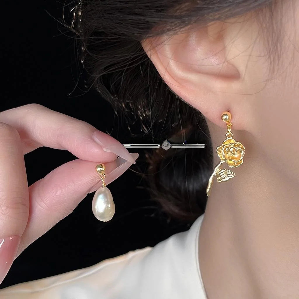 Baroque Freshwater Pearl Rose Flower Stud Earrings, Asymmetric French Vintage Copper