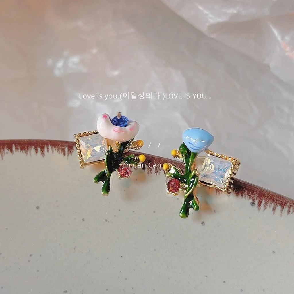 Vintage Asymmetric Enamel Drip Glaze Flower Stud Earrings Copper 14K Plated Floral Jewelry
