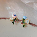 Vintage Asymmetric Enamel Drip Glaze Flower Stud Earrings Copper 14K Plated Floral Jewelry