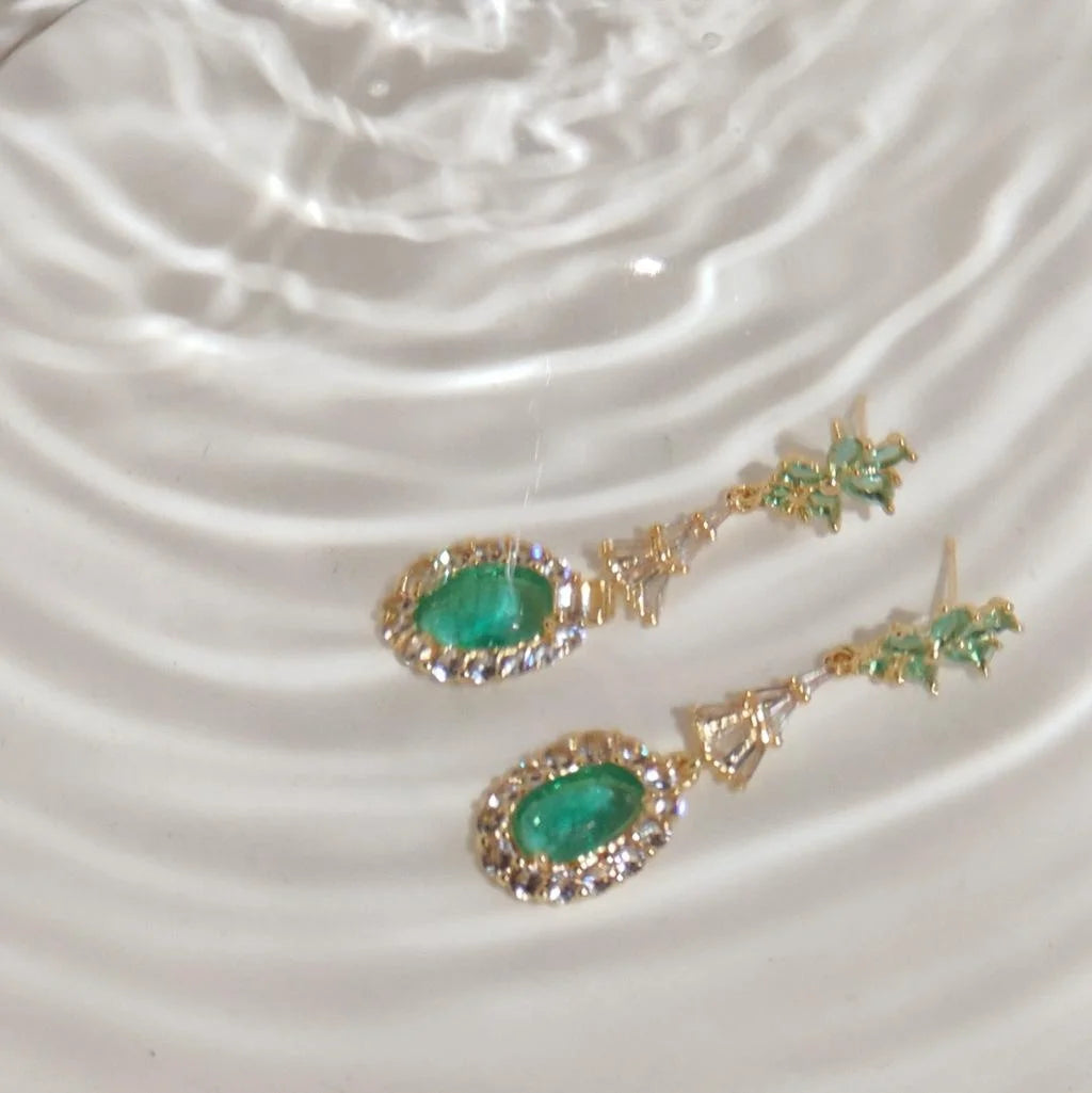 Vintage 14K Gold Plated Copper Green Zircon Teardrop Tassel Drop Earrings