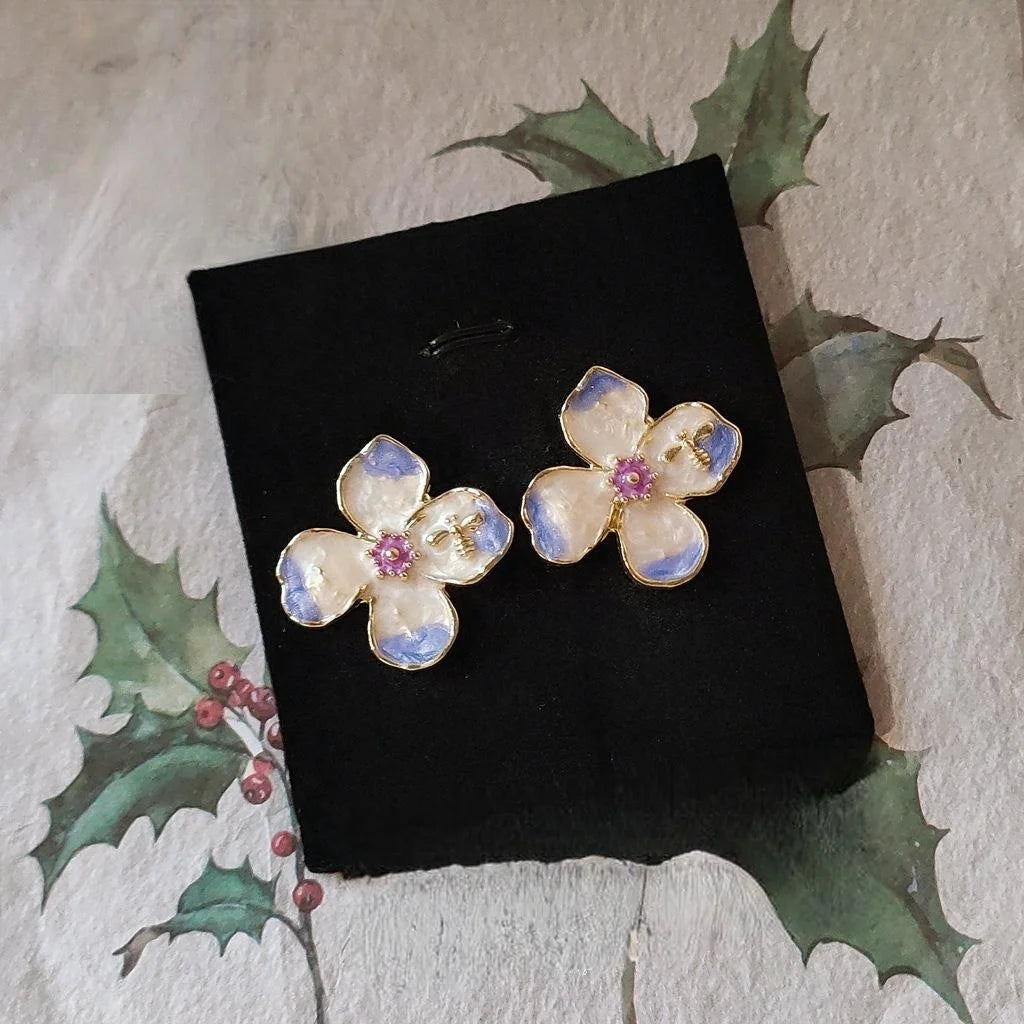 Sweet Forest Style Gradient Purple Enamel Flower Alloy Stud Earrings French Vintage Jewelry