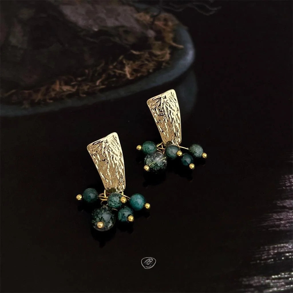 Vintage Handmade Ghost Stone Stud Earrings French Retro Hammered Eco Copper Geometric Line Jewelry