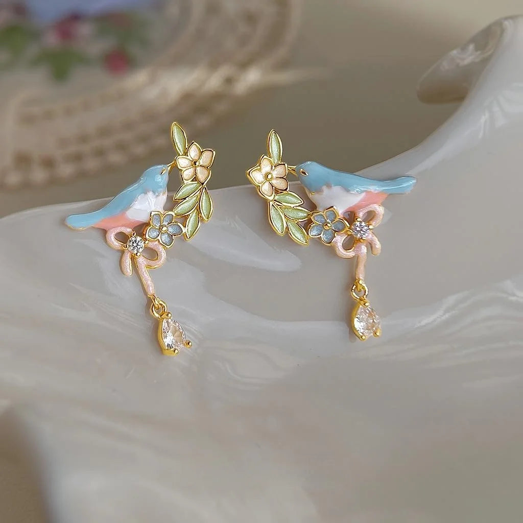 Sweet Pastoral Copper Enamel Bird Drop Earrings With Micro Pave Zircon