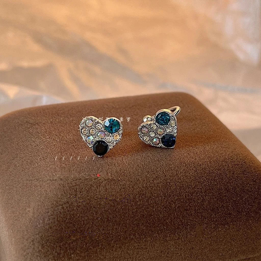 Sweet Cool Copper Heart Rhinestone Stud Earrings Non Pierced Ear Clip Jewelry