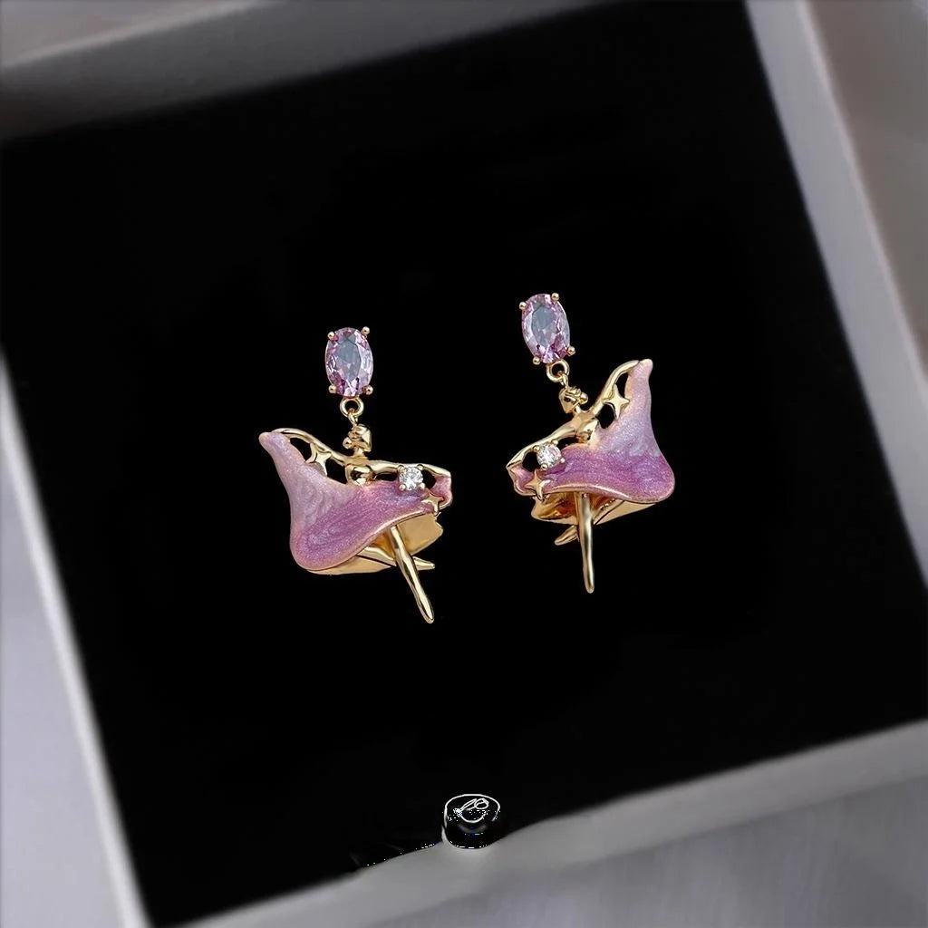Sweet Enamel Ballet Girl Drop Earrings With Zircon Silver Plated Copper Gradient Doll Design