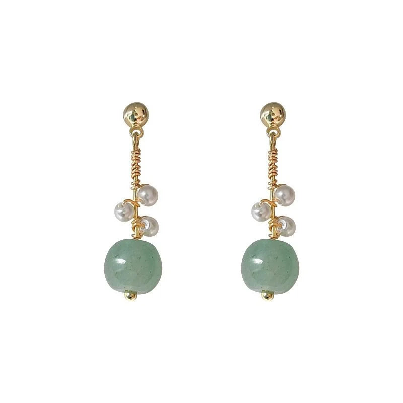 New Chinese Handmade Copper Stud Earrings With Green Jade Pearl Waterdrop Wire Wrapped Geometric Design
