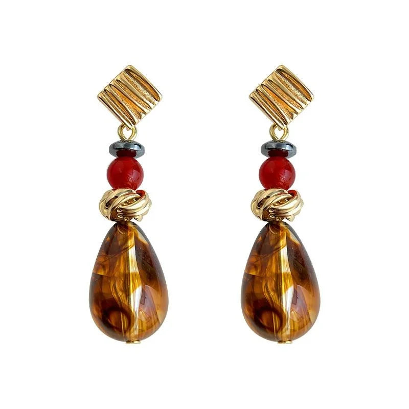 Vintage Maillard Geometric Teardrop Drop Earrings, Copper Black Onyx Red Agate Resin Tassel