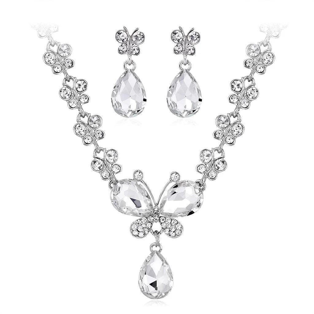 Bridal Rhinestone Butterfly Flower Necklace And Earrings Jewelry Set, Crystal Alloy Wedding Party Jewelry