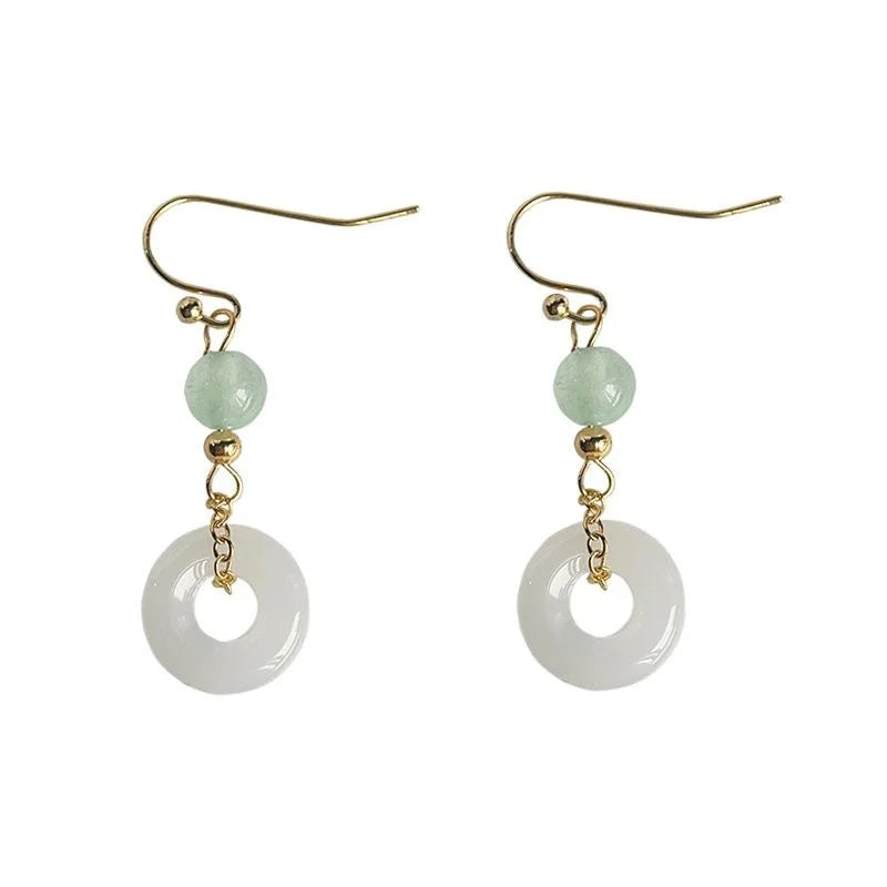 14K Plated Copper Glass White Jade Round Drop Earrings New Chinese Elegant Handmade Jewelry