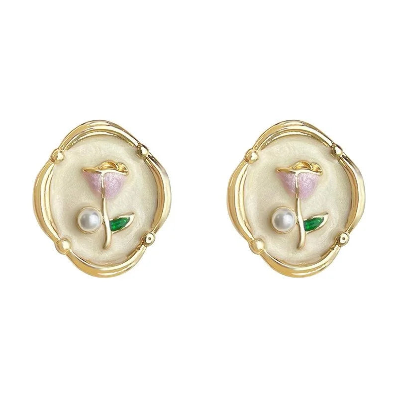 Sweet 14K Gold Plated Pearl Enamel Tulip Flower Stud Earrings