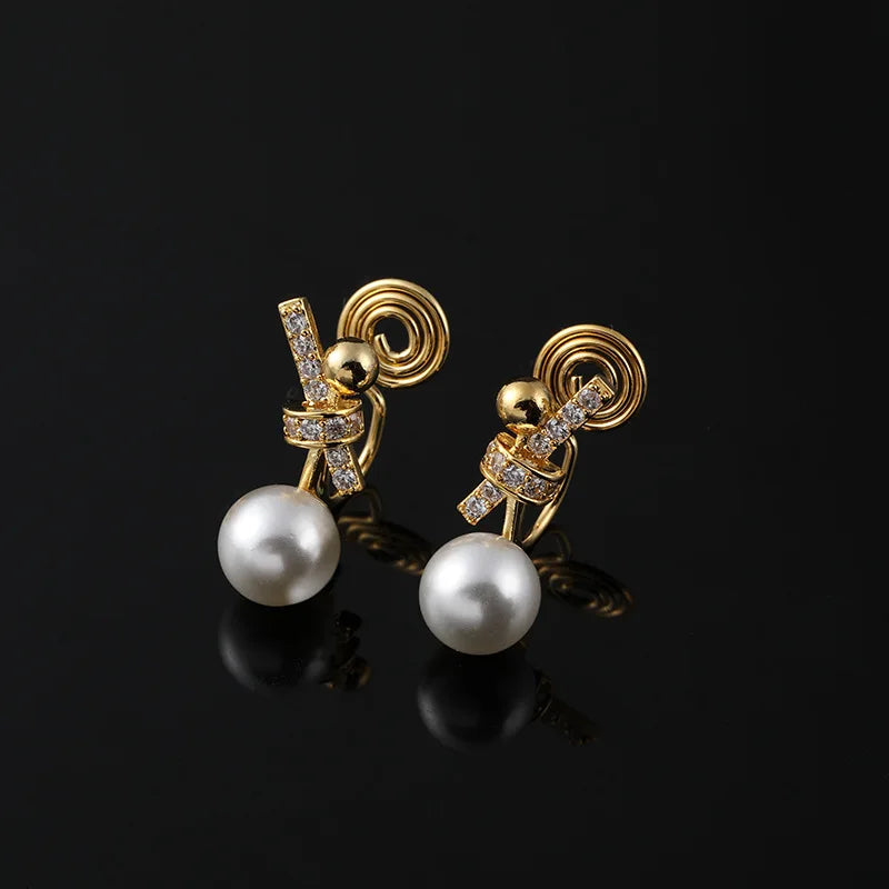 Elegant Pearl Geometric Knot Zircon Alloy Stud & Clip On No Piercing French Luxury Women's Earrings