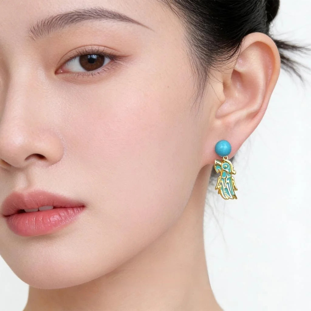 Vintage Palace Style Synthetic Turquoise Round Drop Earrings With Antique Bronze Design