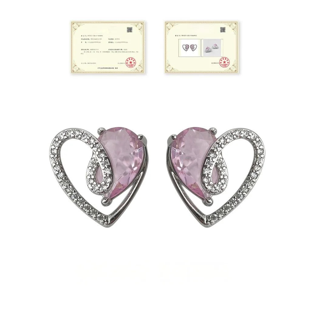 Original Design Copper Micro Pave Zircon Pink Heart Stud Earrings Hollow Line Sweet Everyday Jewelry