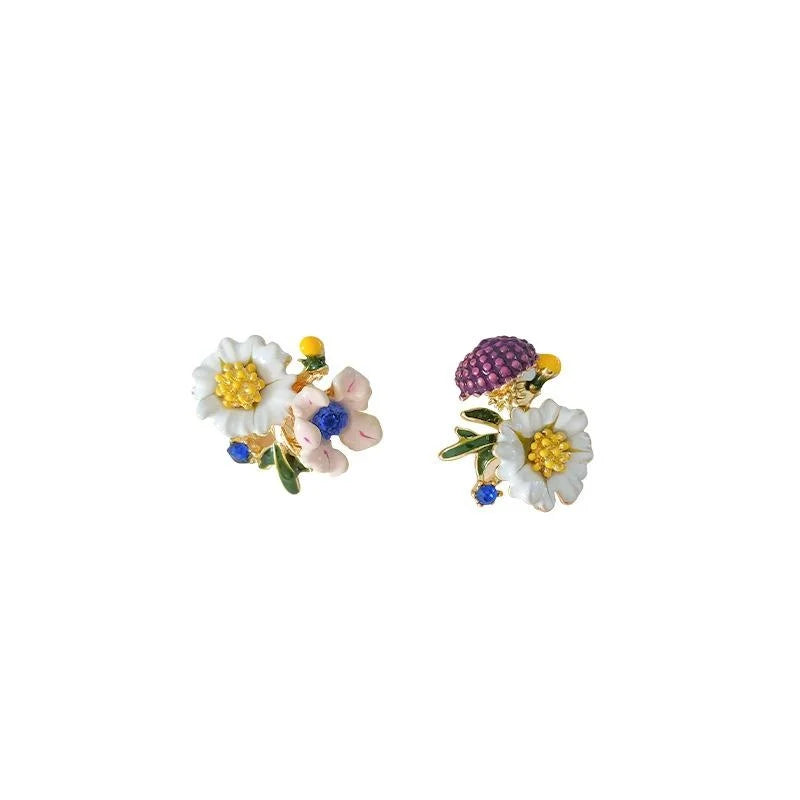 Vintage Enamel Glazed Flower Stud Earrings 14K Plated Copper Asymmetric Forest Style Jewelry