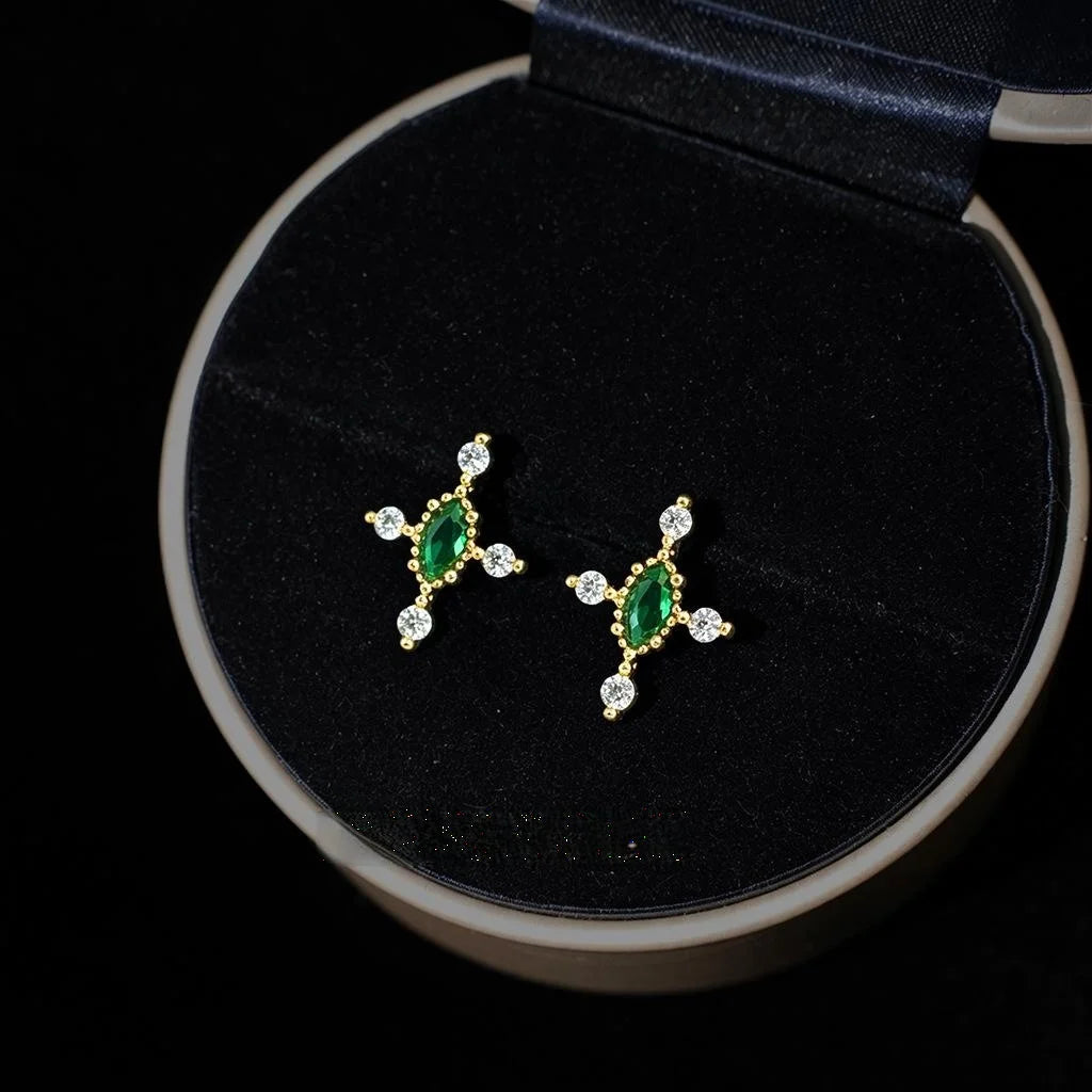 Versatile Copper Zircon Cross Star Stud Earrings Olive Green Micro Pave Geometric Jewelry