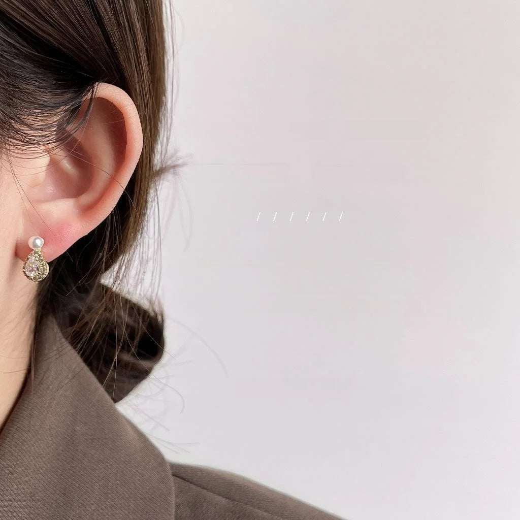 Mini 14K Gold Plated Copper Teardrop Stud Earrings With Micro Pave Zircon For Women