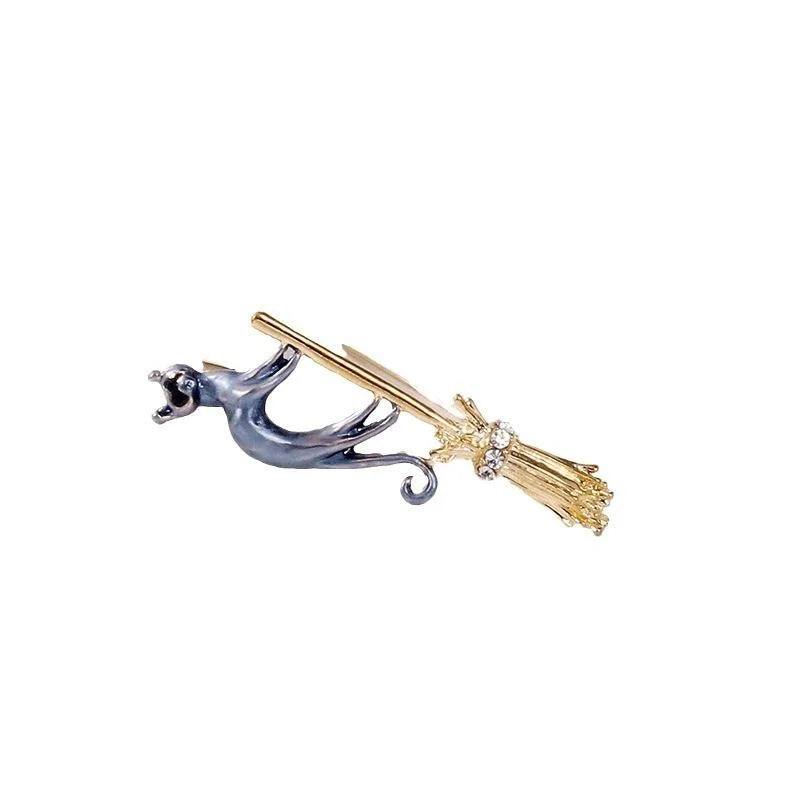 Cute Flying Broom Cat Alloy Rhinestone Brooch, Whimsical Animal Lapel Pin Corsage For Suit Accessory Gift