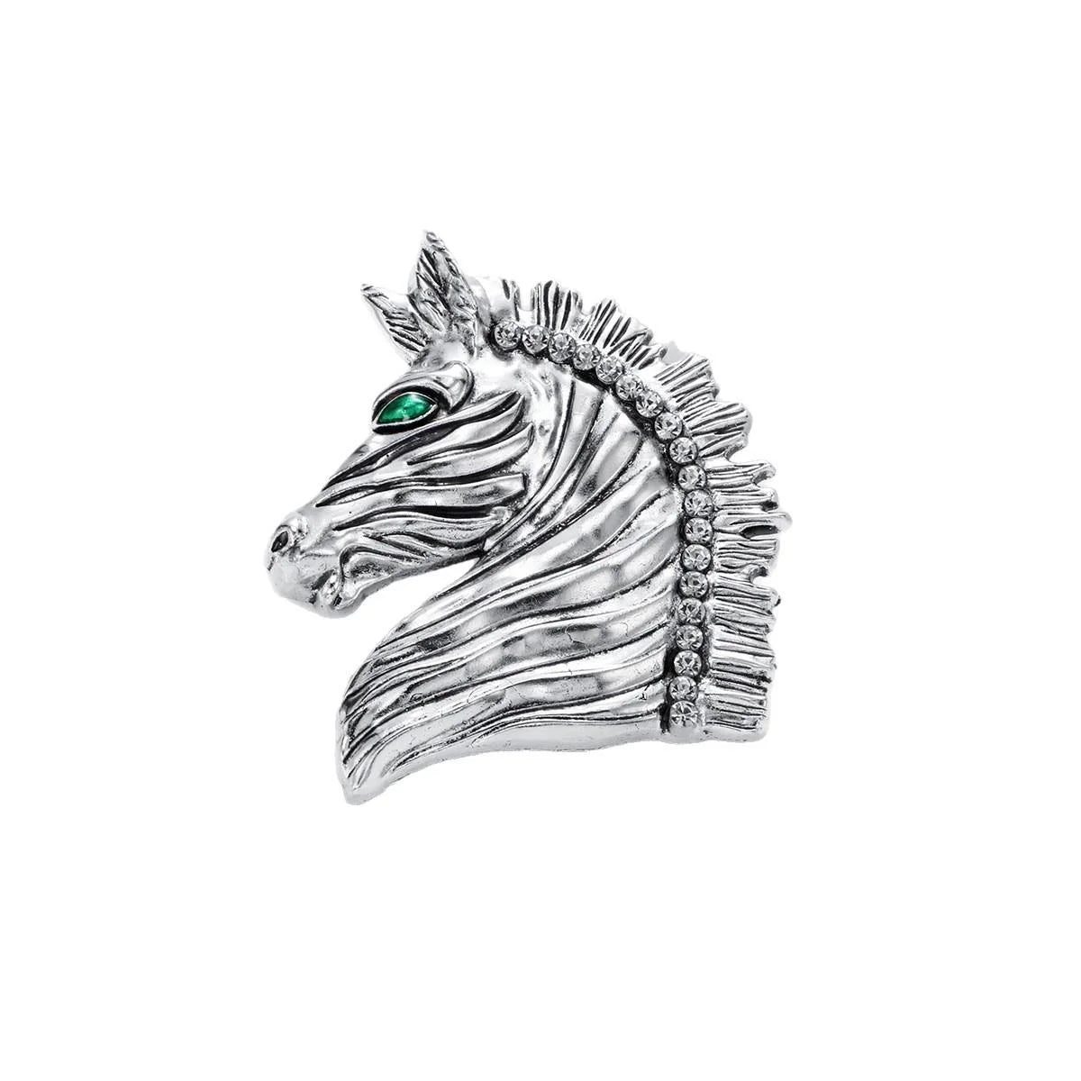 Vintage Silver Alloy Horse Head Brooch With Rhinestone Mane And Green Eye, Elegant Lapel Pin Suit Accessory
