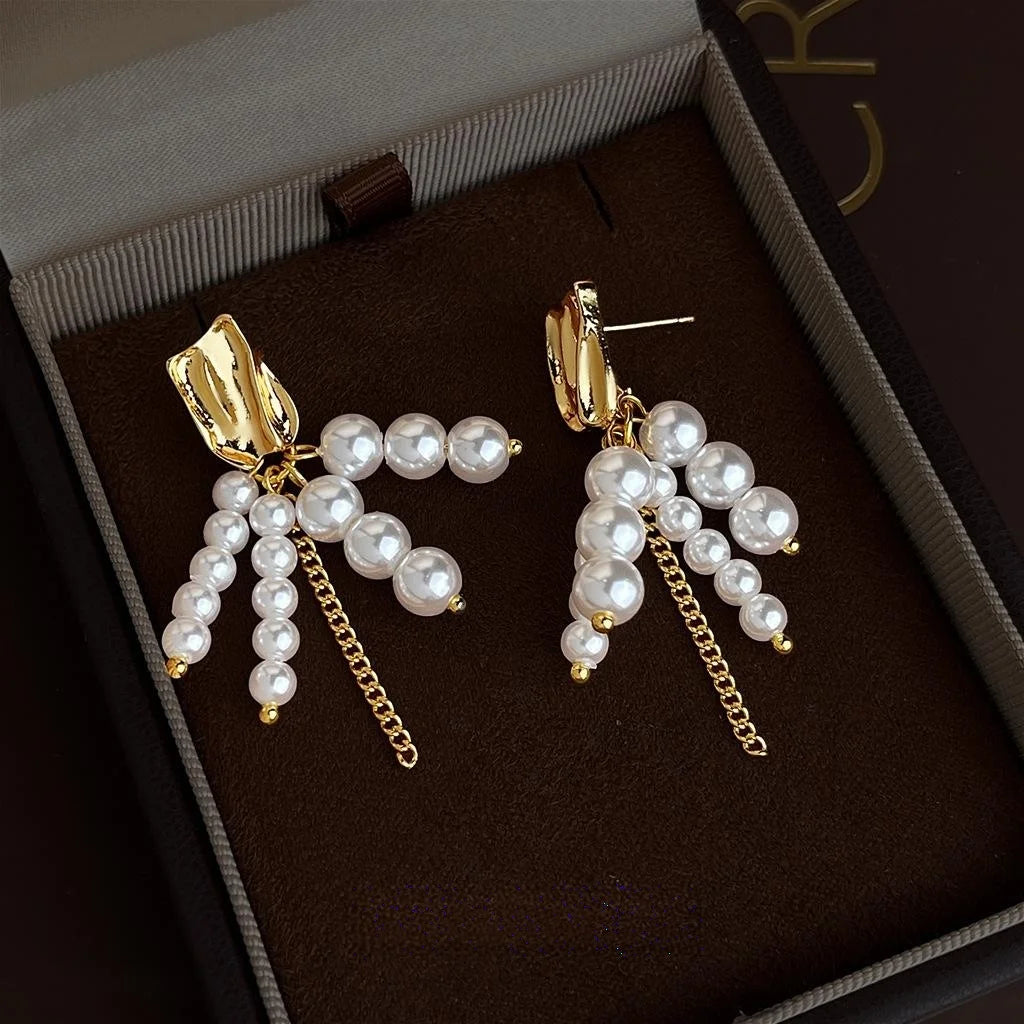 French Vintage 14K Plated High Shine Pearl Tassel Drop Earrings Handmade Geometric Design for Women
