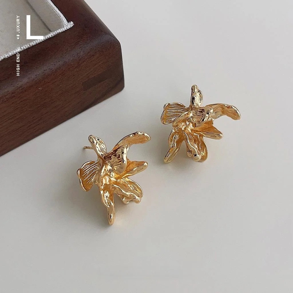 Copper Iris Flower Stud Earrings 3D Geometric Sweet Cool Style Jewelry For Women