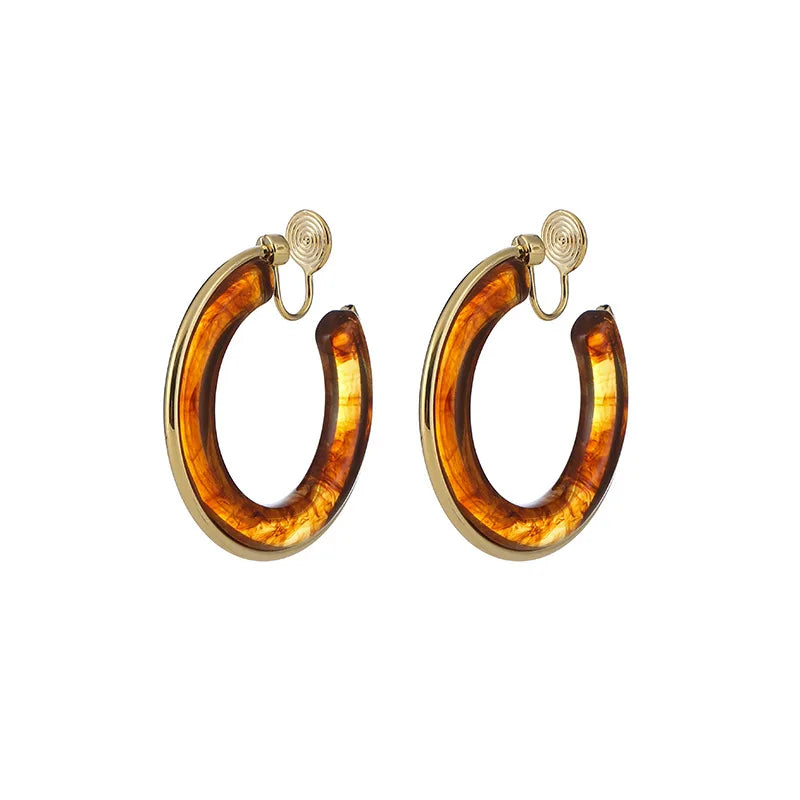 Vintage Tortoise Resin Round Hoop Alloy Stud & Clip On No Piercing C-Shaped Statement Earrings