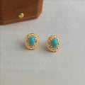 Vintage Oval Synthetic Turquoise Zircon Micro Pave Copper Stud Earrings With Silver Plated Pins
