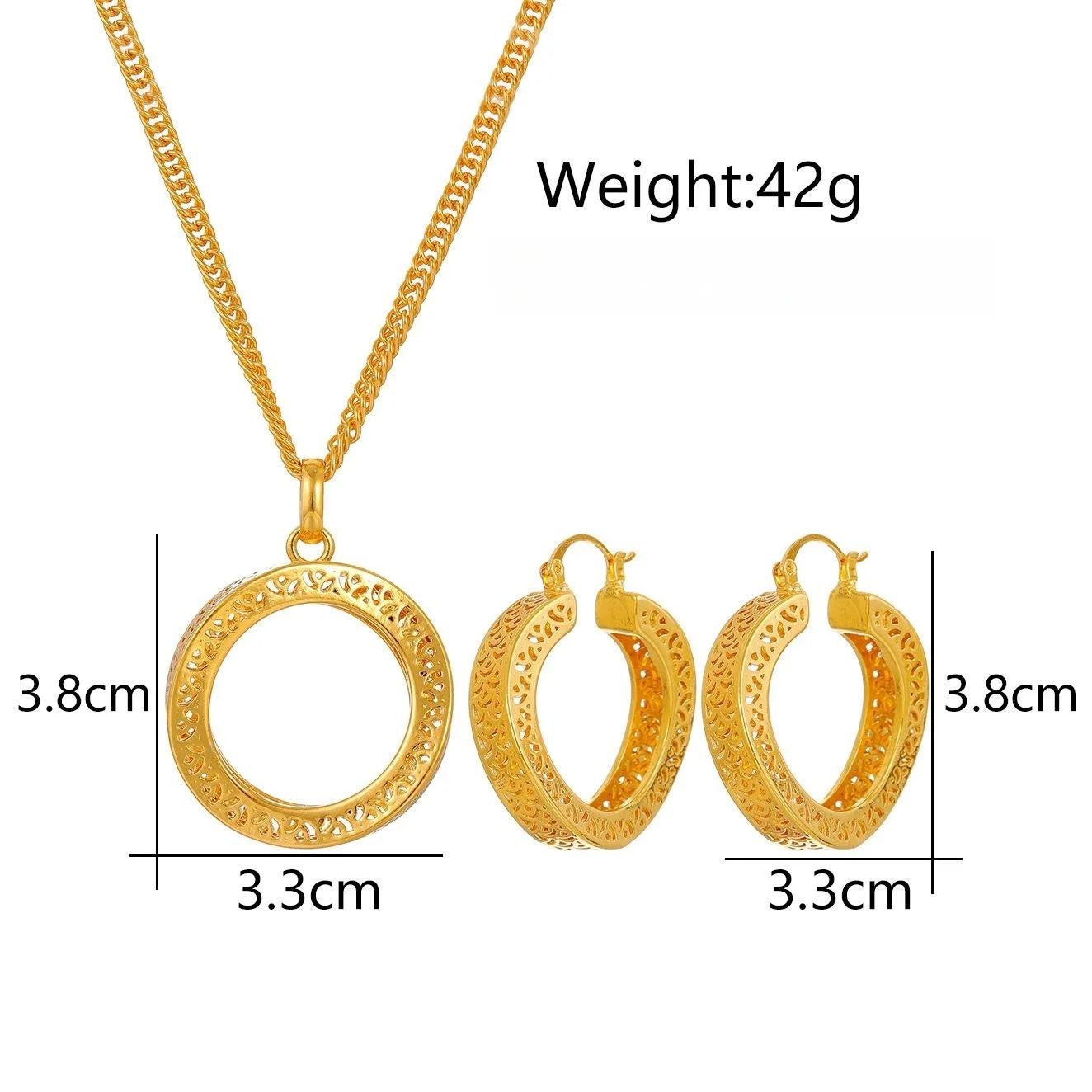 24K Gold Plated Dubai Bridal Jewelry Set With Hollow Round Pendant Necklace And Hoop Earrings For Wedding Gift