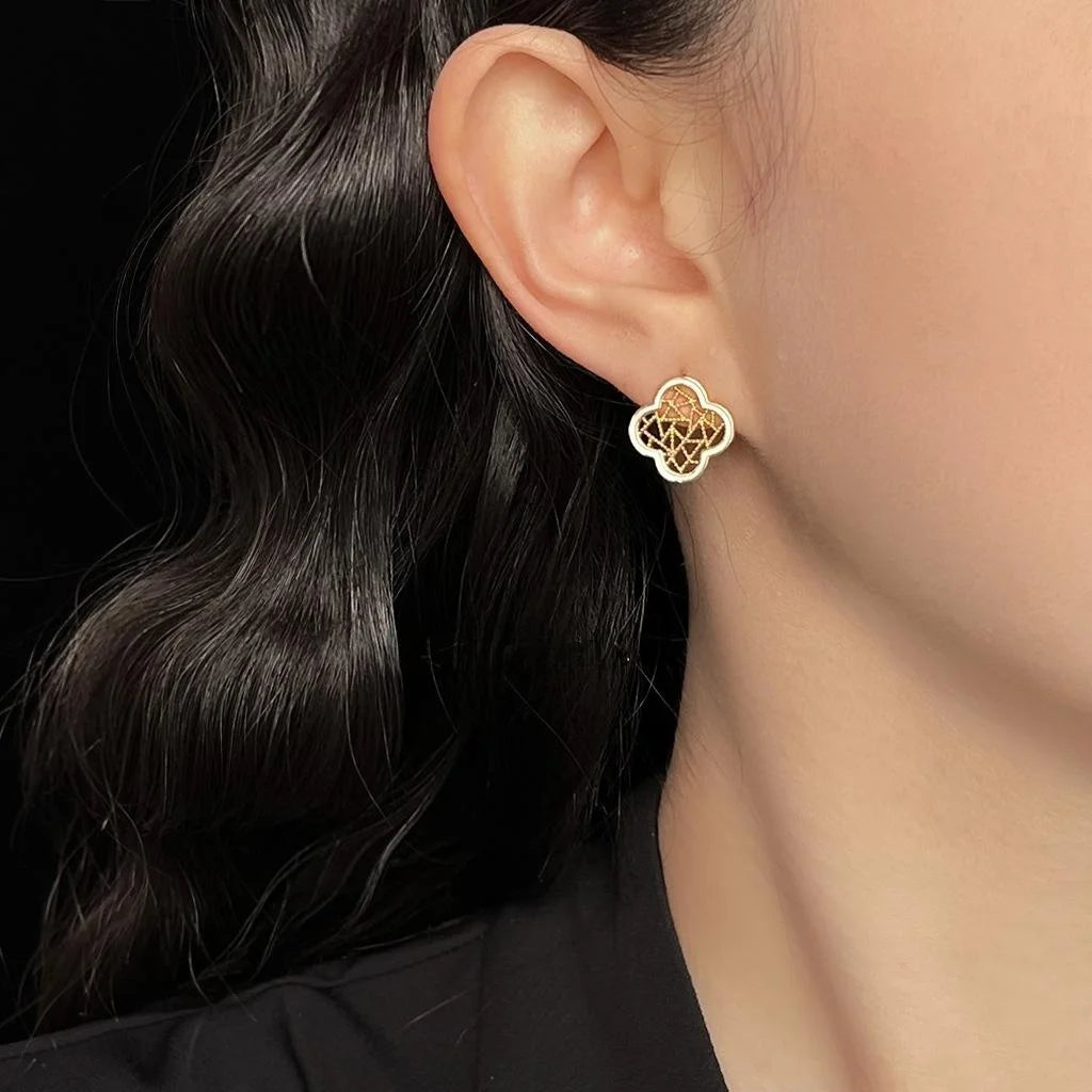 Vintage Floral Geometric Hollow Window Pattern 14K Gold Plated Copper Stud Earrings
