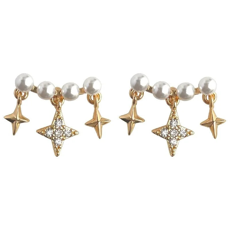 Versatile Copper Zircon Meteor Arc Stud Earrings With Pearl Star Smile Design