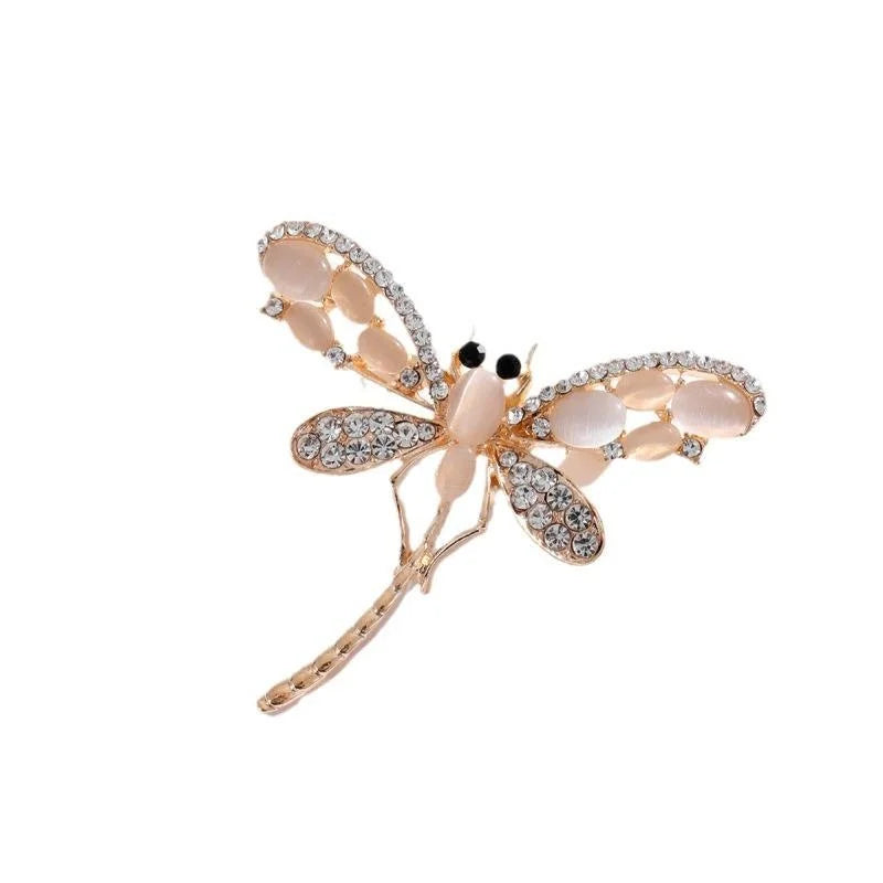 Elegant Rhinestone Dragonfly Brooch With Peach Stone Wings, Alloy Lapel Pin Corsage Suit Accessory