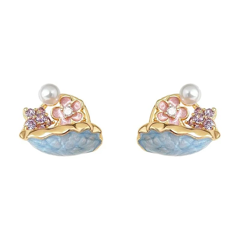 Pastoral Enamel Painted Flower Stud Earrings With Zirconia High Gloss Pearl Copper Jewelry
