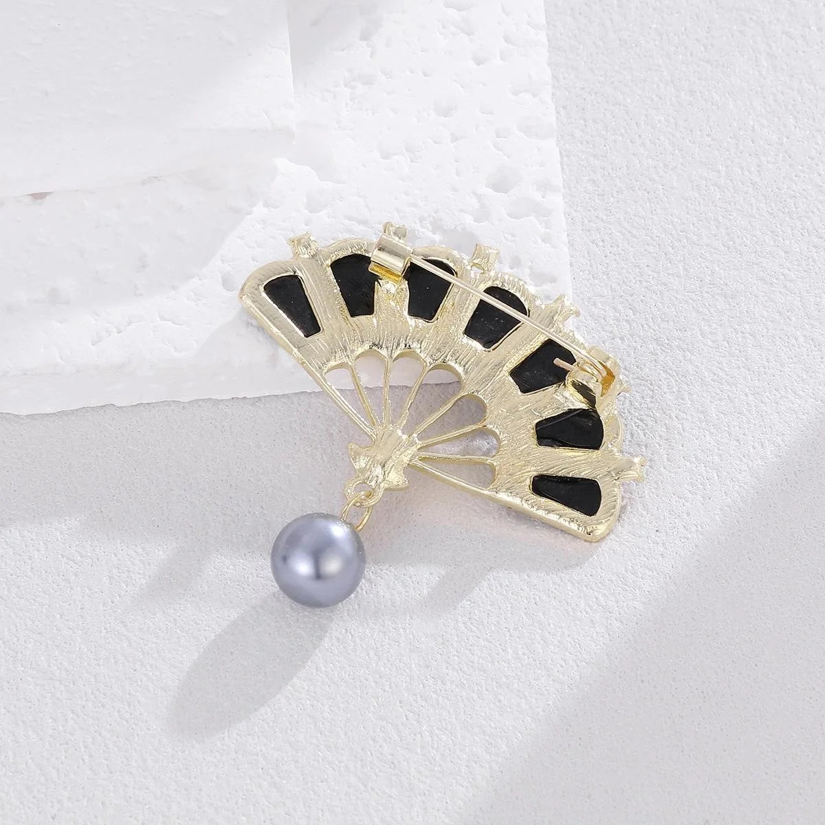 Elegant Fan Brooch With Mother Of Pearl Shell And Rhinestones, Pearl Drop Lapel Pin Corsage Gift