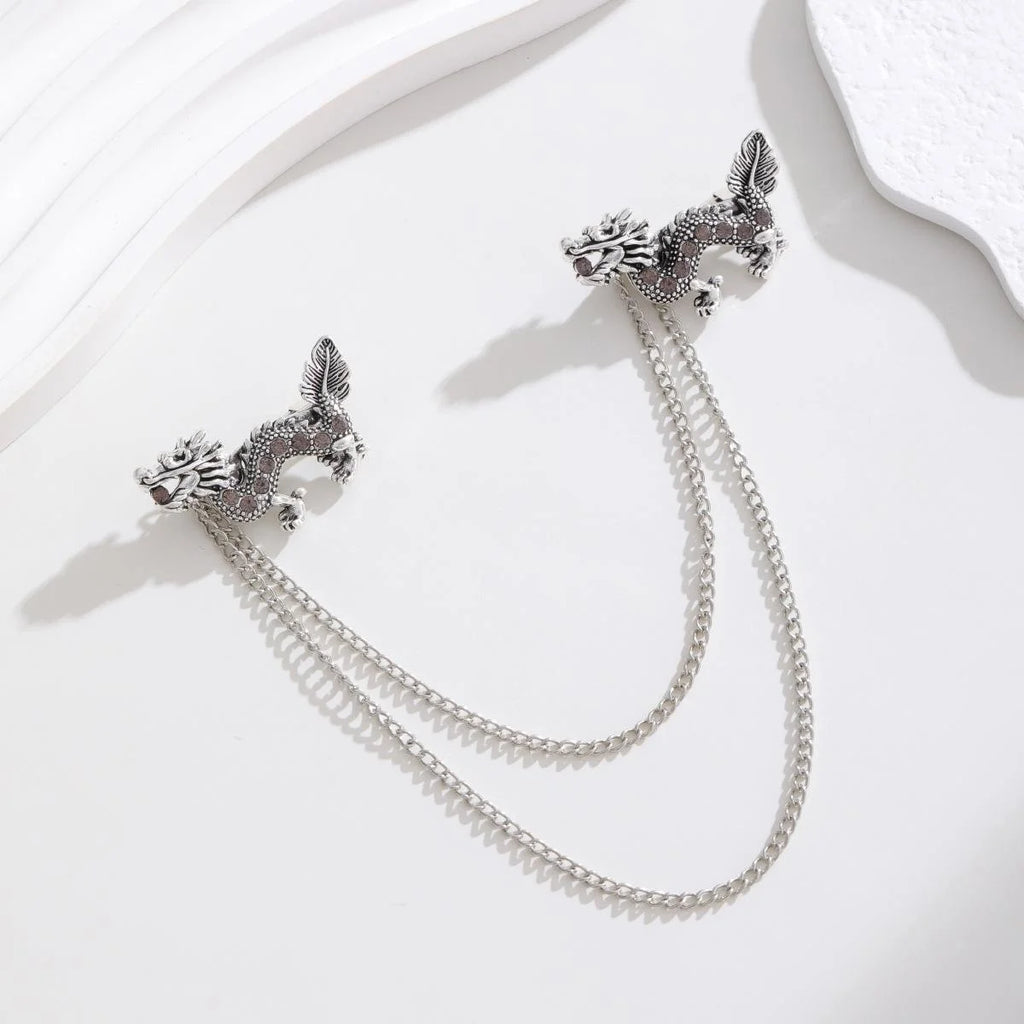 Vintage Rhinestone Dragon Collar Chain Brooch, Silver Alloy Animal Lapel Pin For Shirt Suit Accessory
