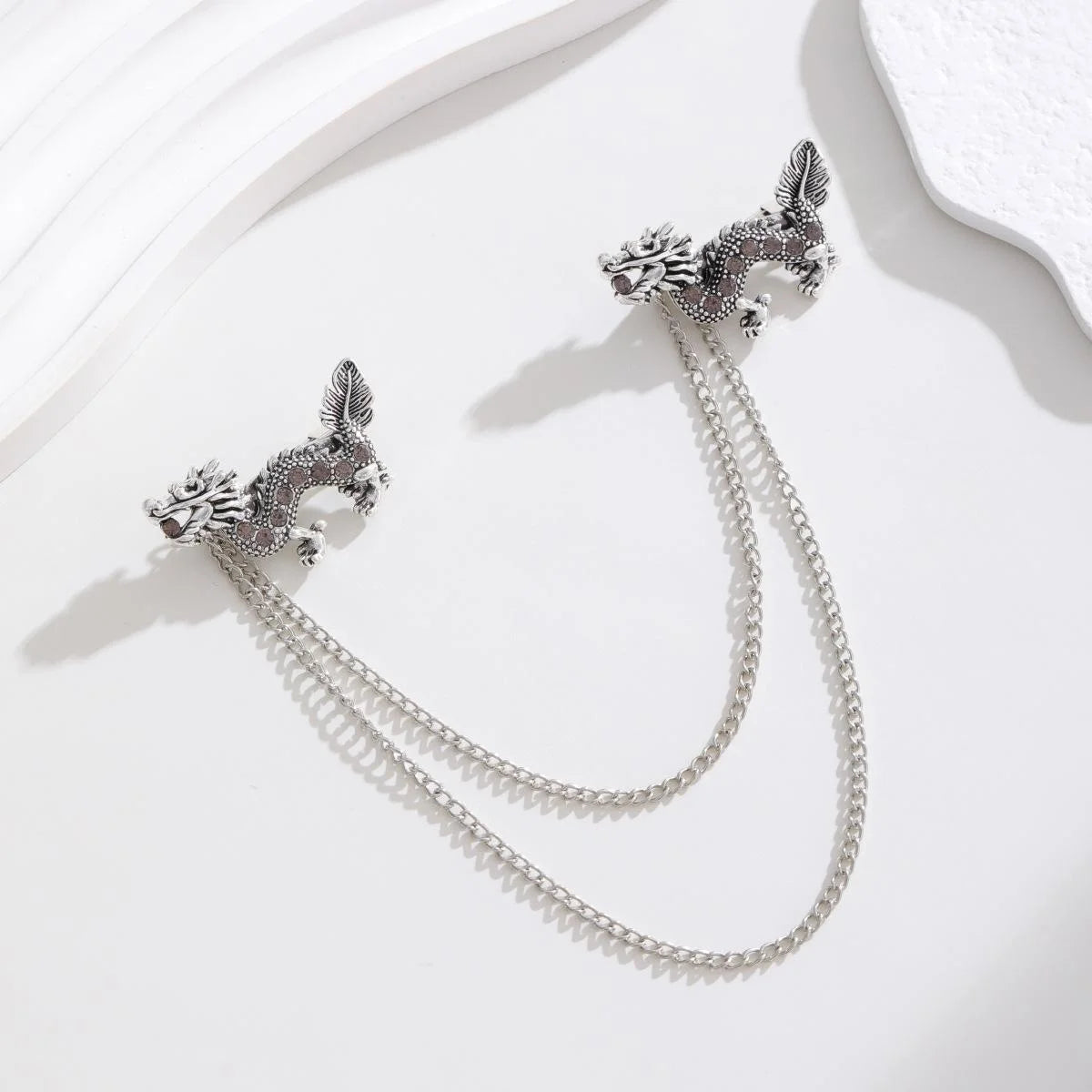 Vintage Rhinestone Dragon Collar Chain Brooch, Silver Alloy Animal Lapel Pin For Shirt Suit Accessory